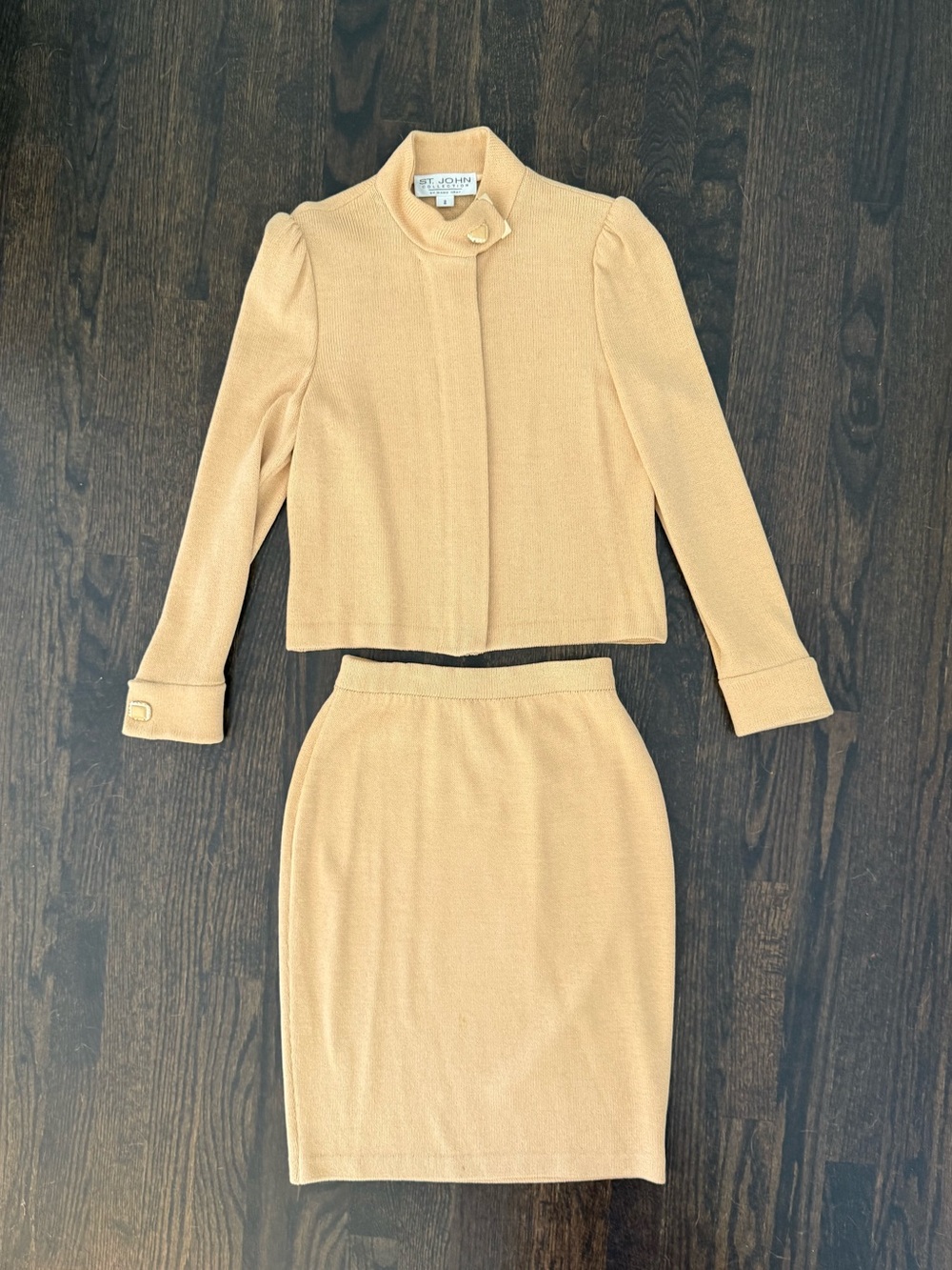 St. John Collection two-piece skirt suit featuring a cropped jacket